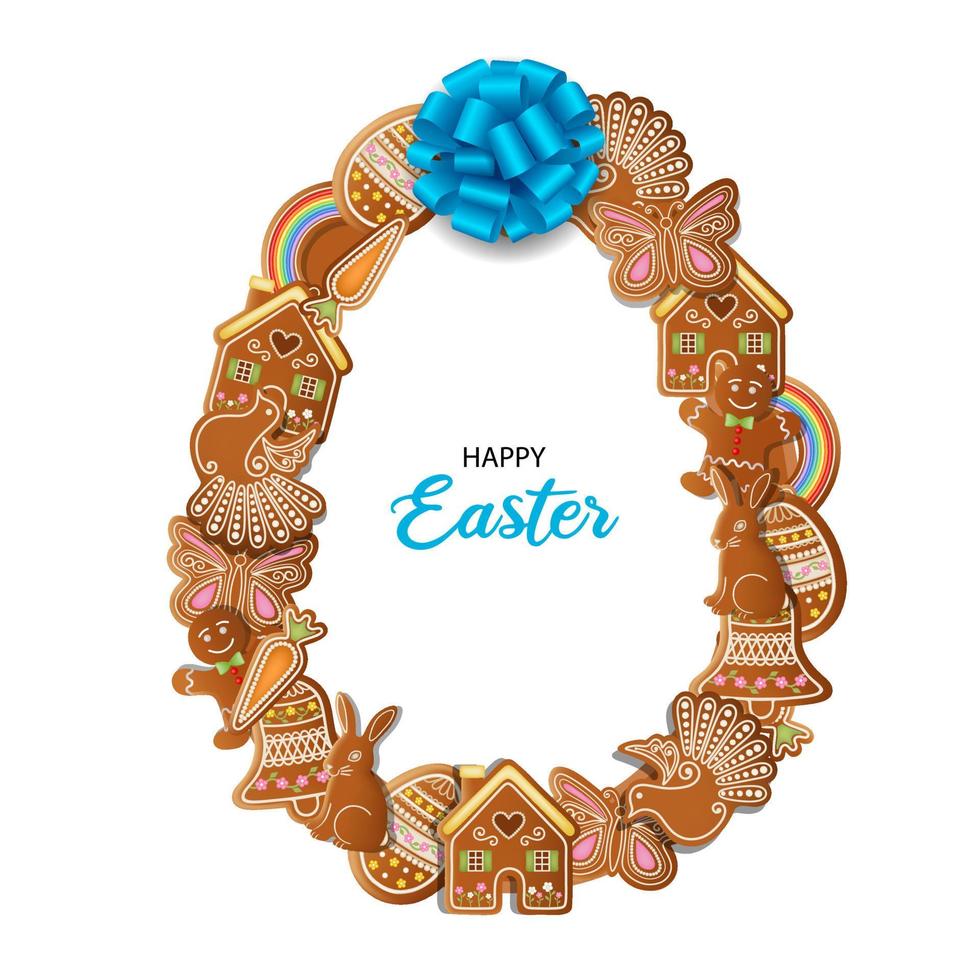 happy easter background egg shaped frame with gingerbread cookies vector
