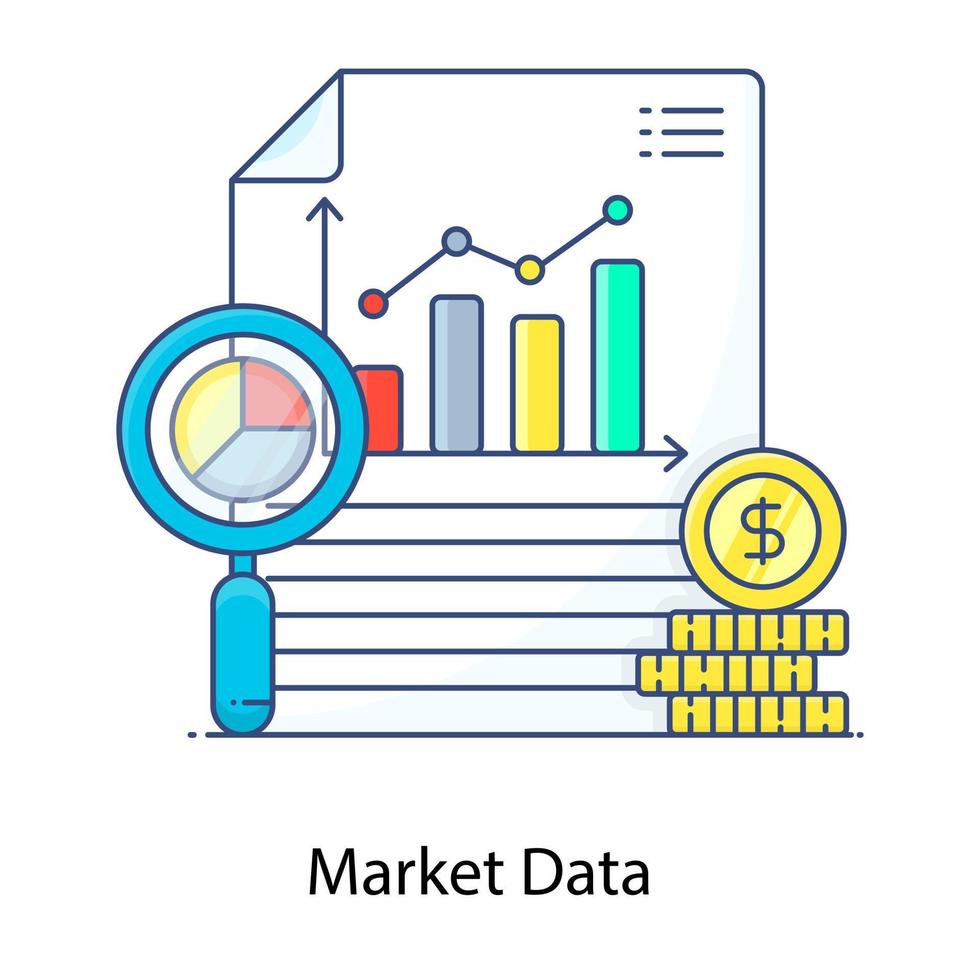 Flat outline concept icon of market data showing, financial marketing report vector