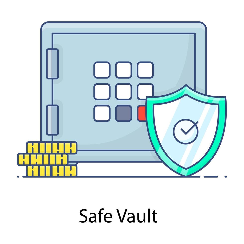 Money locker with shield icon in flat outline design, secure vault vector