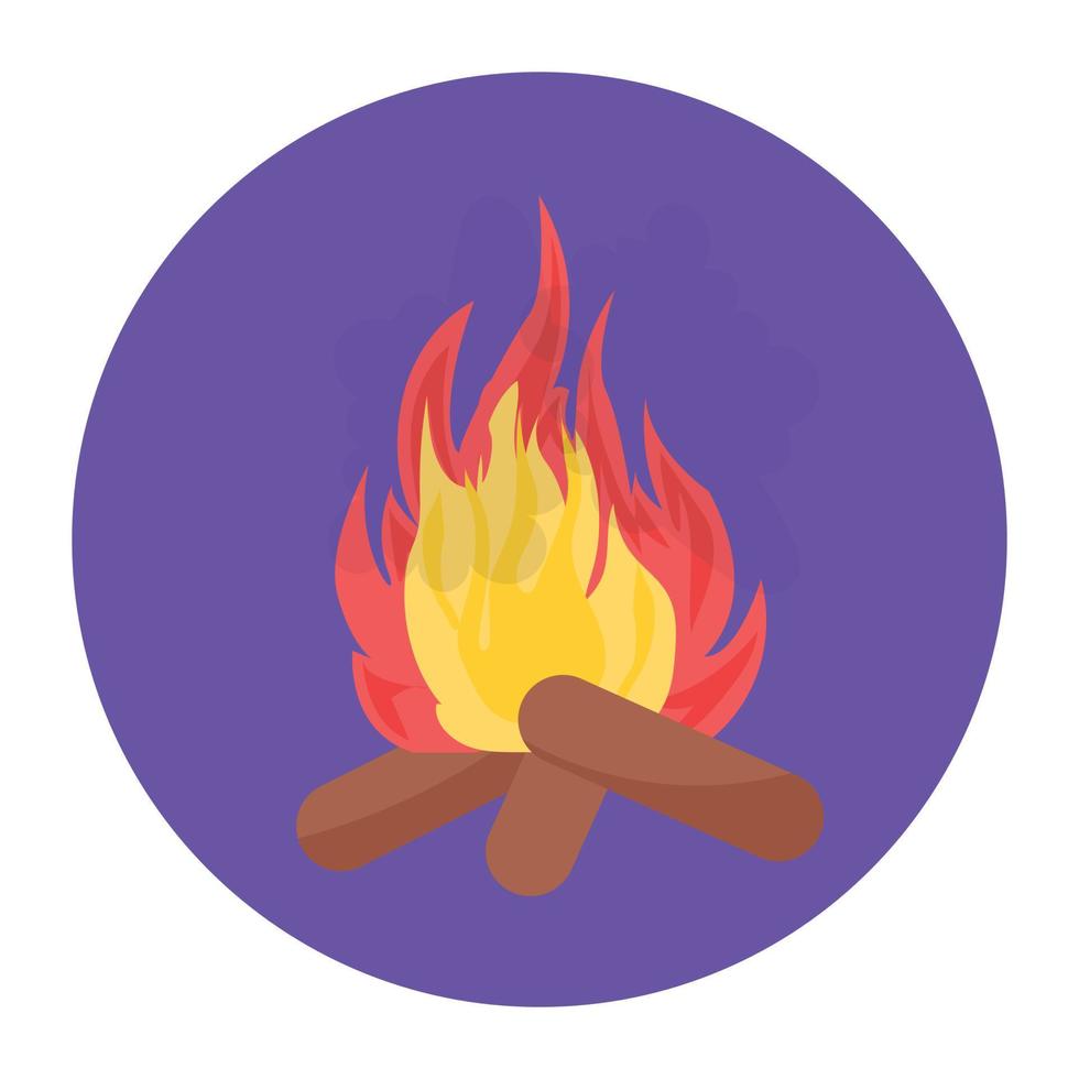 Campfire, wood logs with fire flame icon in flat design. vector