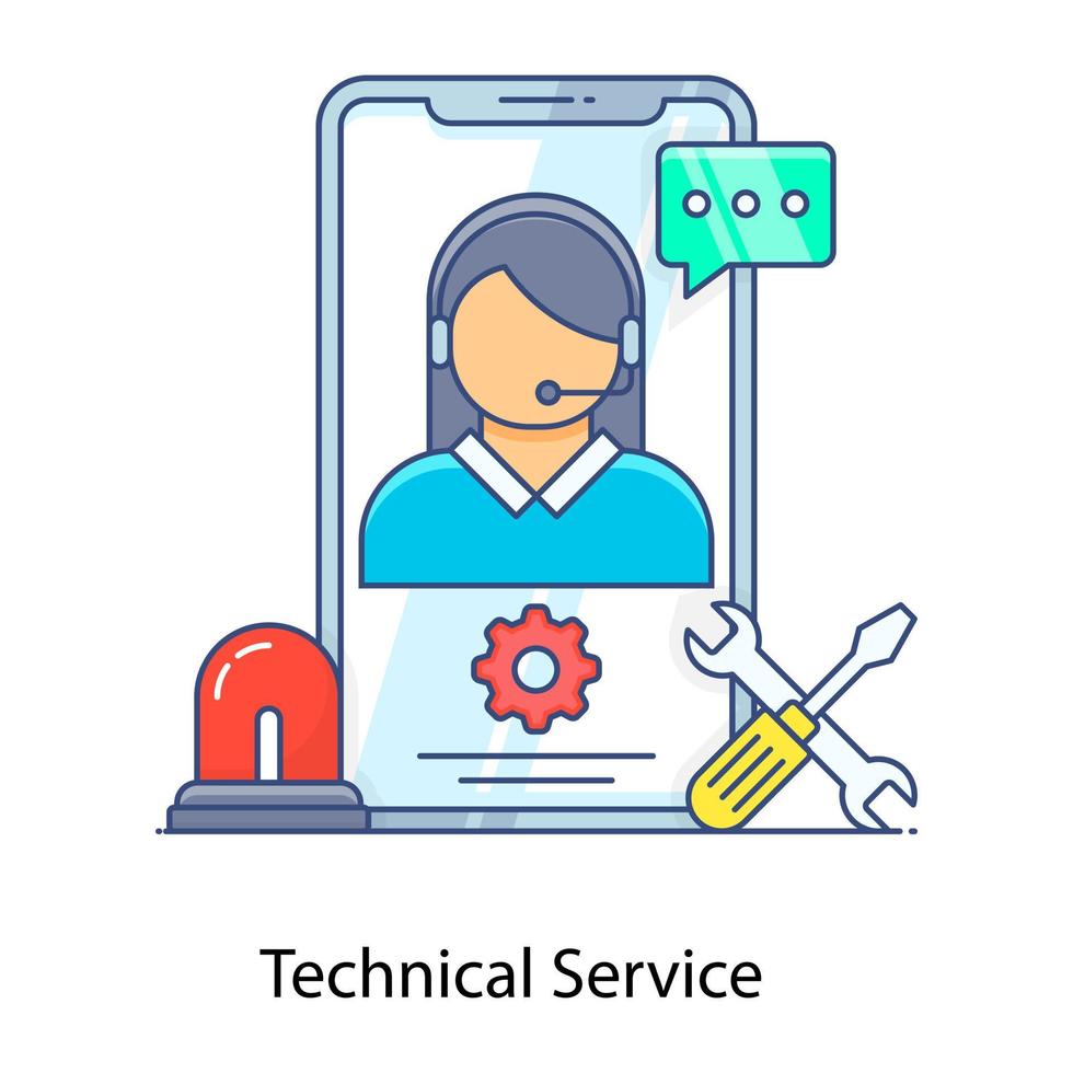 Customer support app, flat outline icon of technical service vector