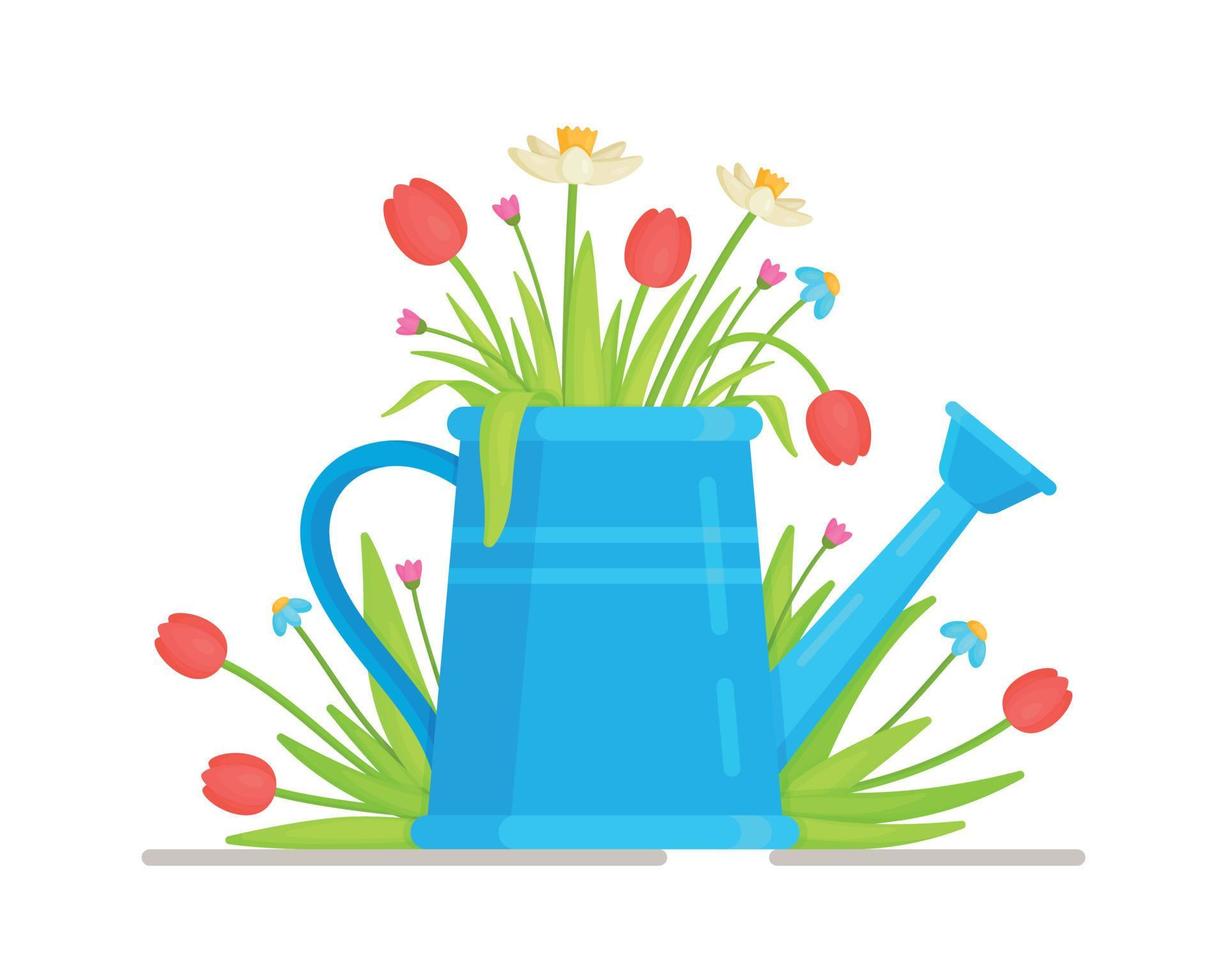Flower Jar. Vector illustration of congratulations to all girls and women. Gifts and flowers. Bouquet in a blue watering can.