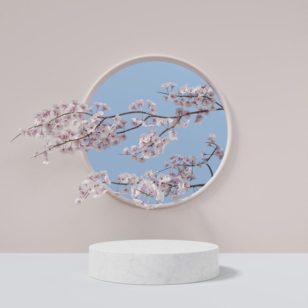 Cylindrical white marble podium with cherry blossom branch 3D render illustration photo