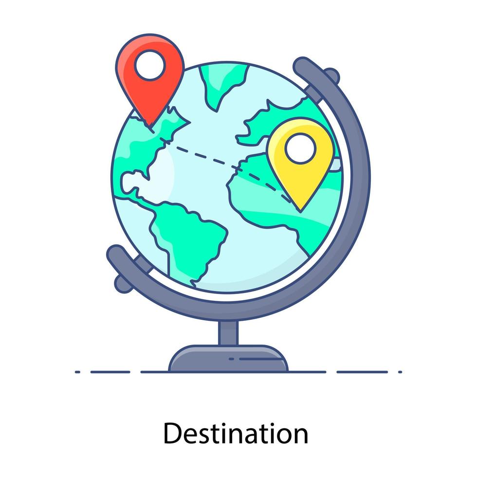 World globe with location pins, flat outline icon of destination vector