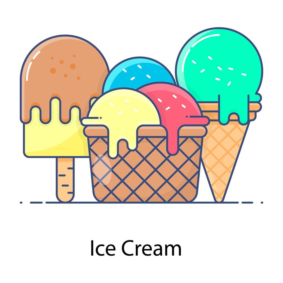 Three scoops cone ice creams, summer food flat outline vector