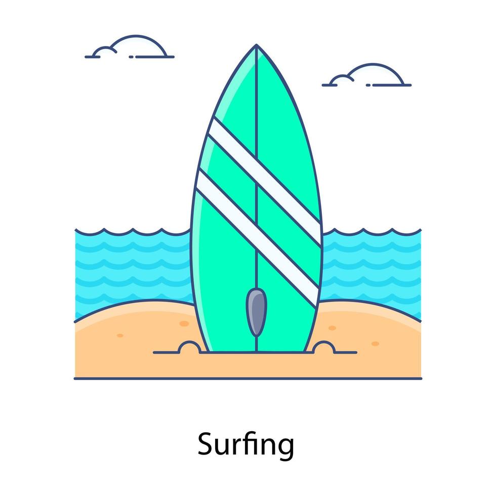 tabla de surf en la playa, icono de contorno plano de surf vector