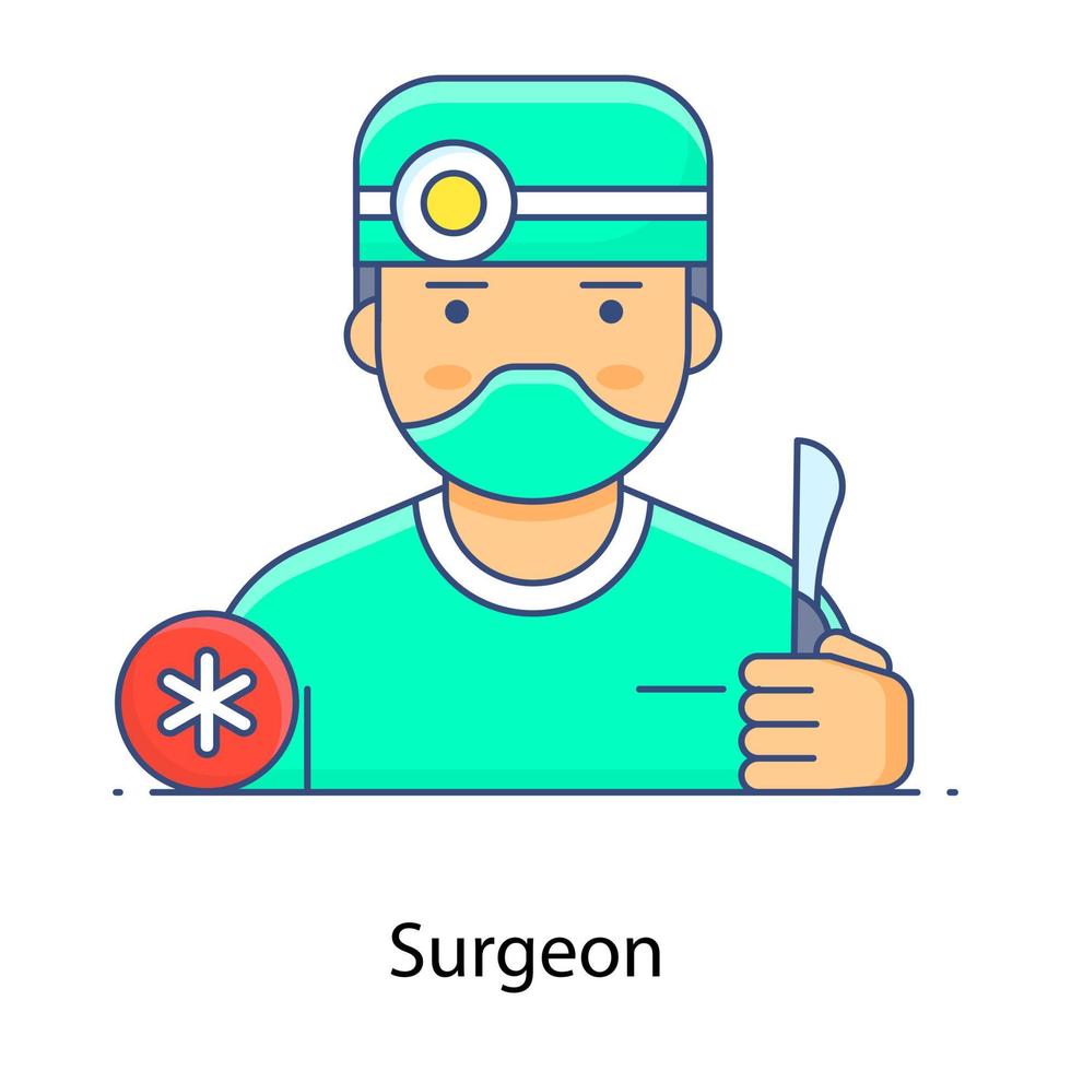 Person with mask conceptualising surgeon in flat outline icon vector