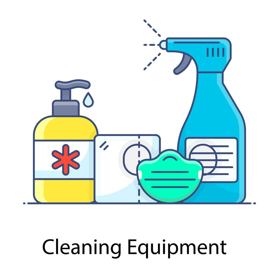 Cleaning equipment for corona protection, flat outline icon vector