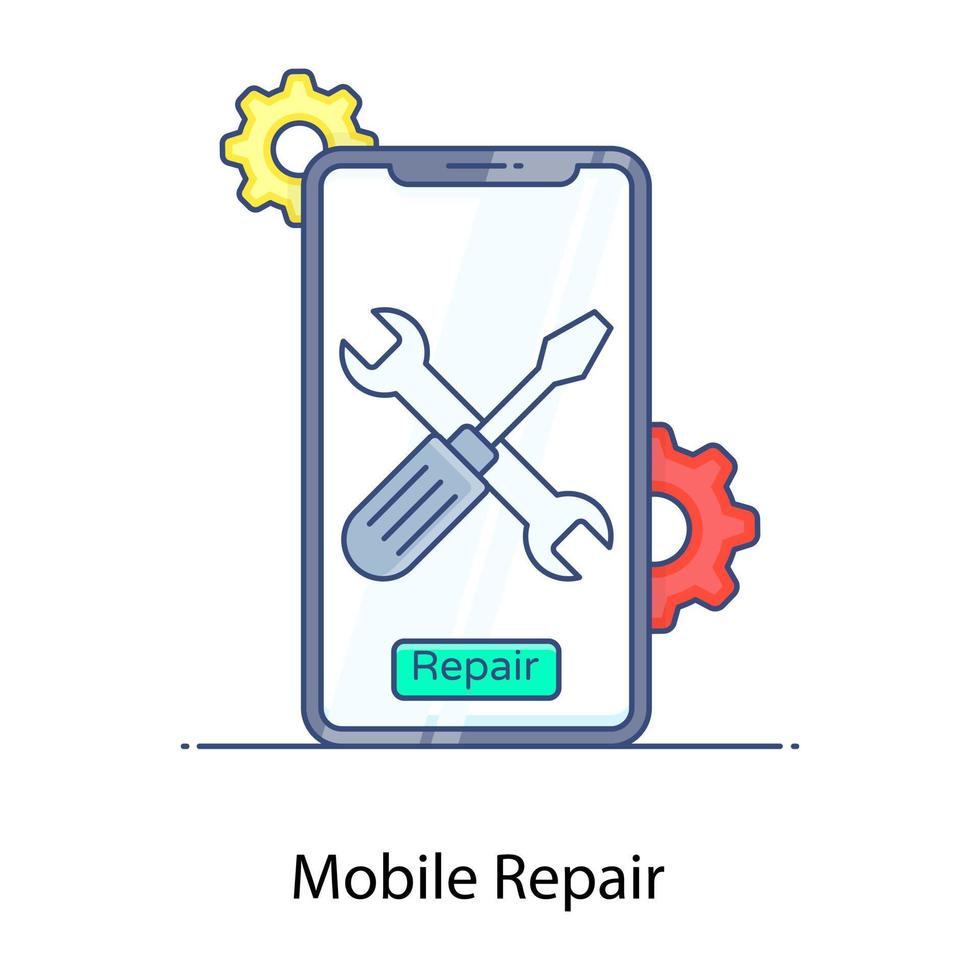 Flat outline icon of mobile repair, repair service vector