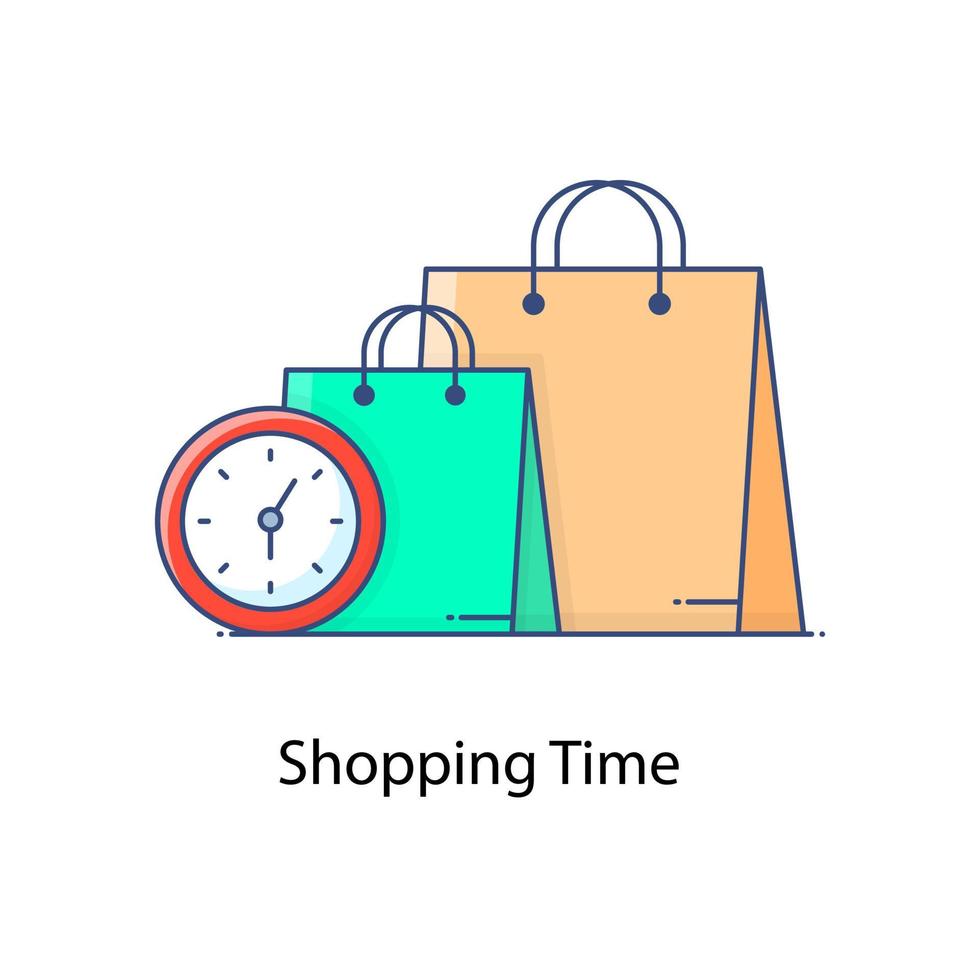Tote bags with clock denoting shopping time icon vector