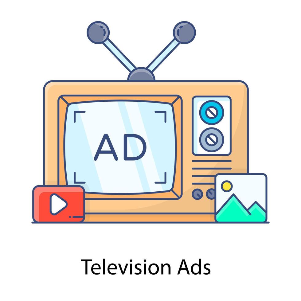 dispositivo de transmisión de medios, vector de anuncios de televisión de diseño de contorno plano