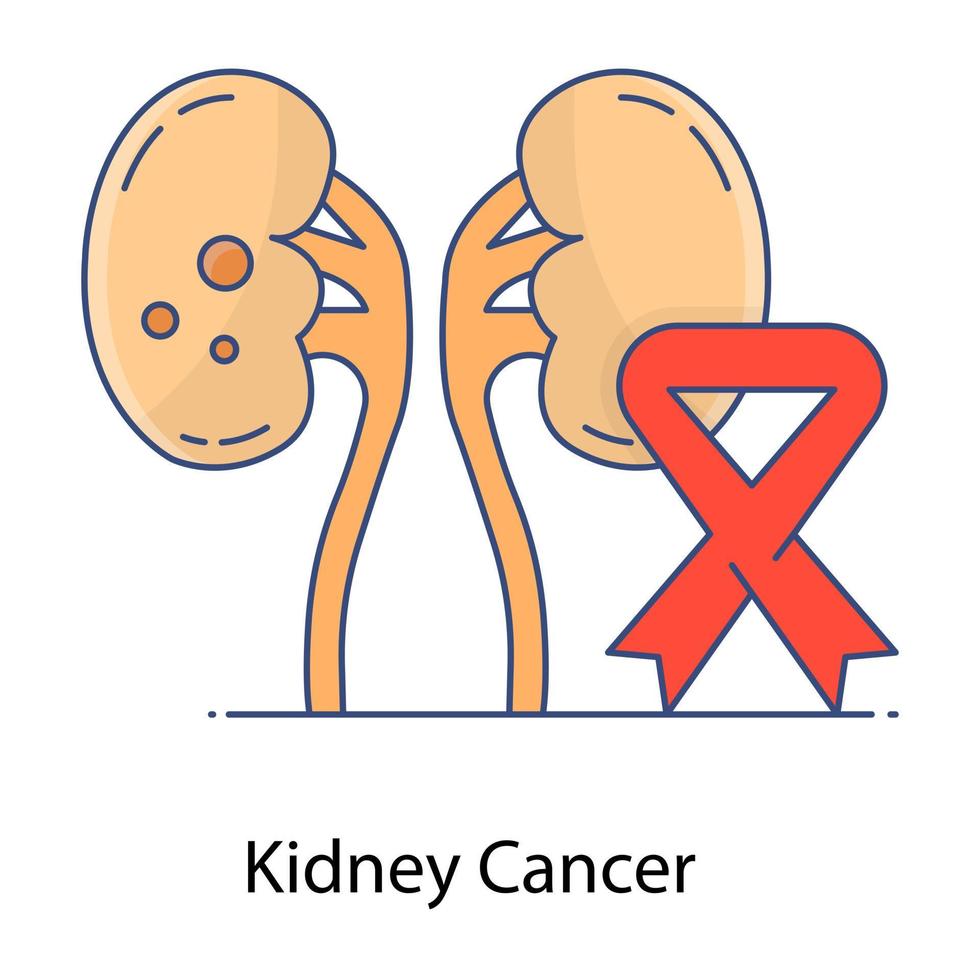 Kidneys cancer flat outline vector, awareness ribbon over kidneys vector