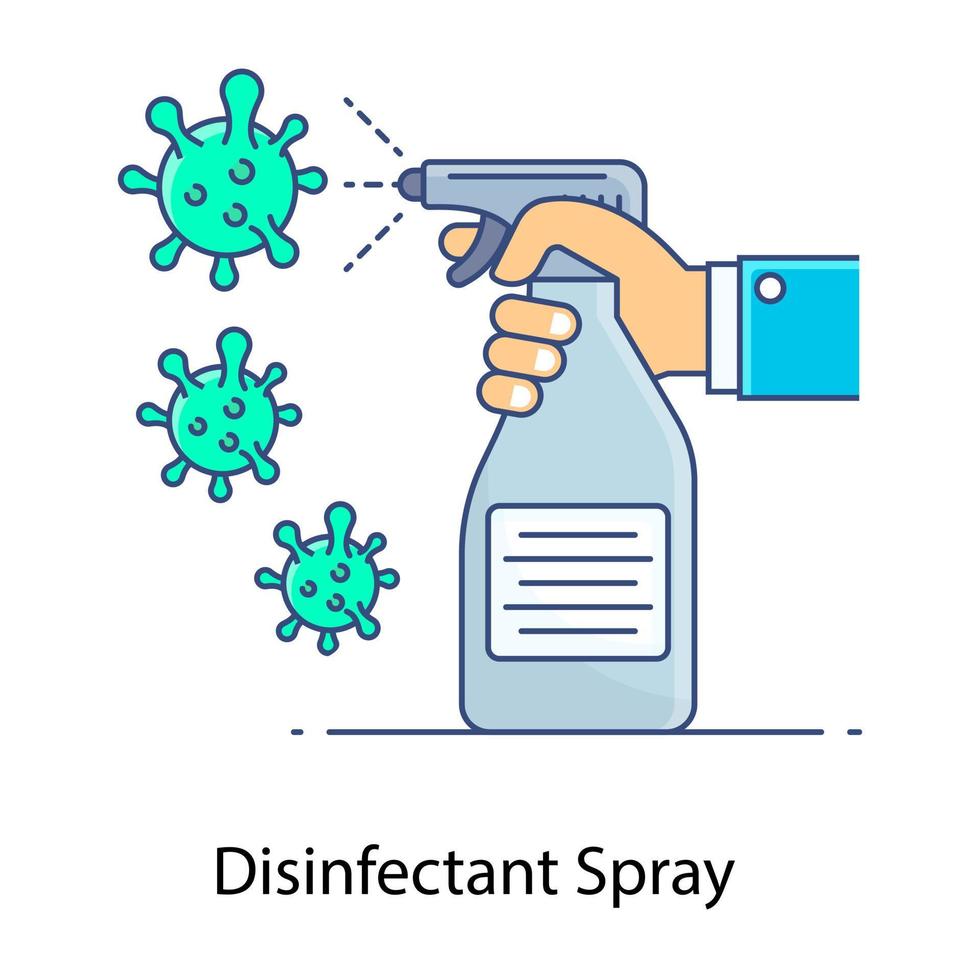 Disinfectant spray to eliminate virus, flat outline concept icon vector
