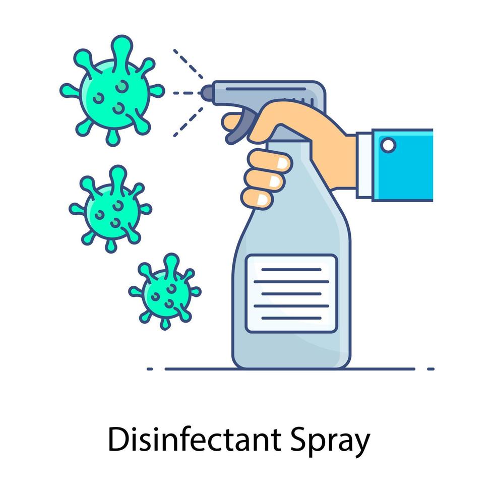 Disinfectant spray to eliminate virus, flat outline concept icon vector