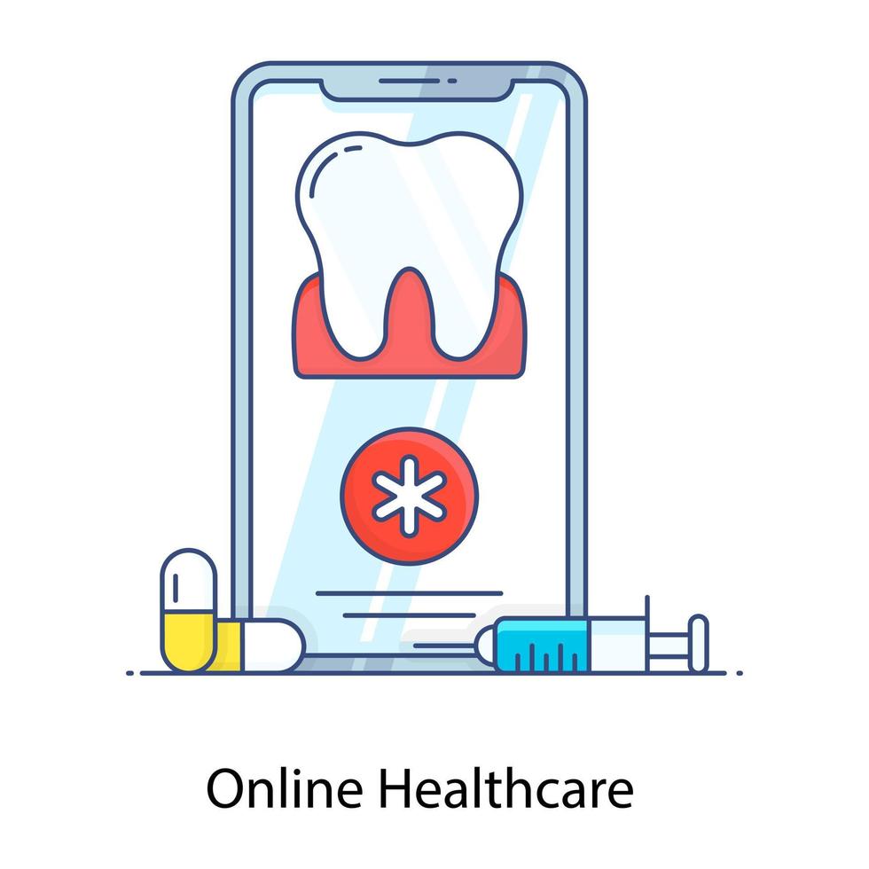 aplicación médica, icono de contorno plano de atención médica en línea vector