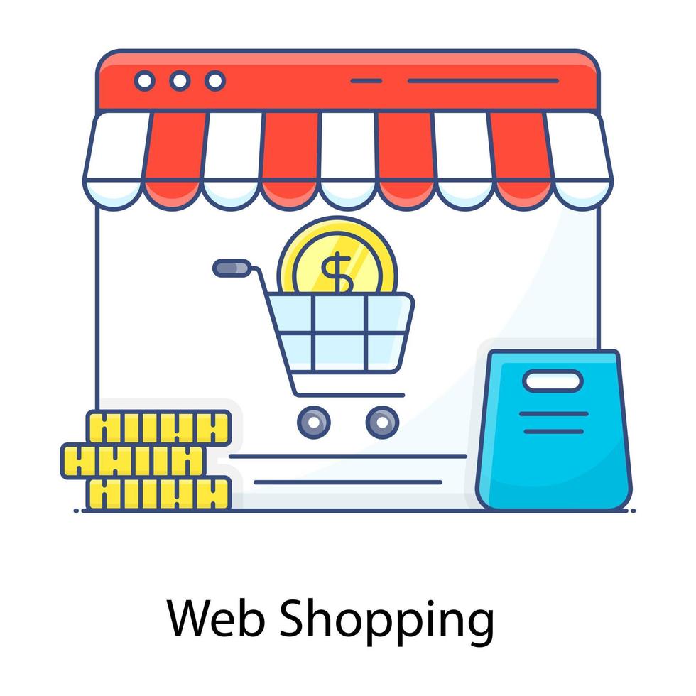 icono de contorno plano de compras web, tienda en línea vector