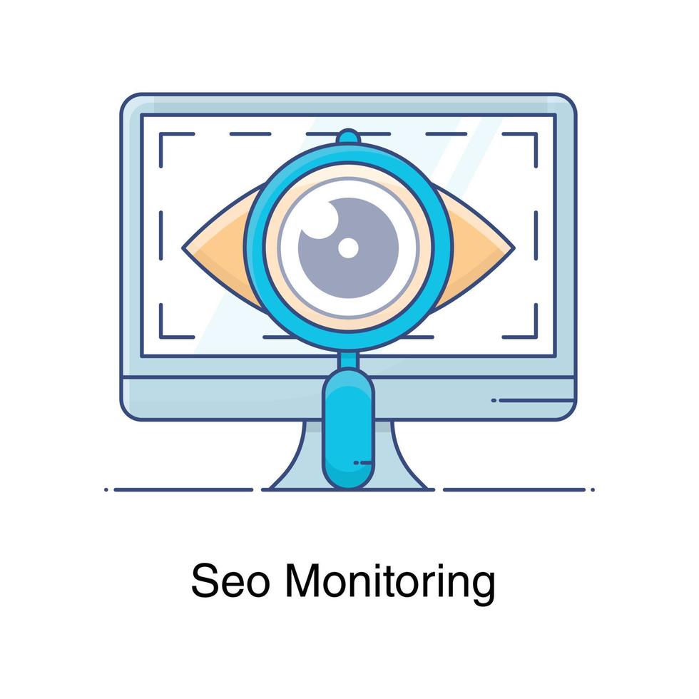 Editable style flat icon of seo monitoring, eye under magnifying glass vector