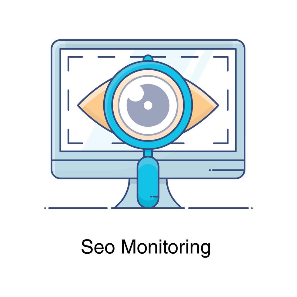 icono plano de estilo editable de monitoreo seo, ojo bajo lupa vector