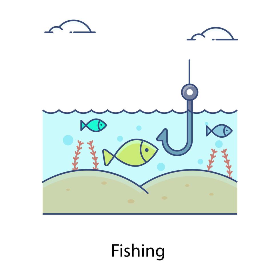 un diseño de icono de contorno plano de pesca, tacleador de peces vector