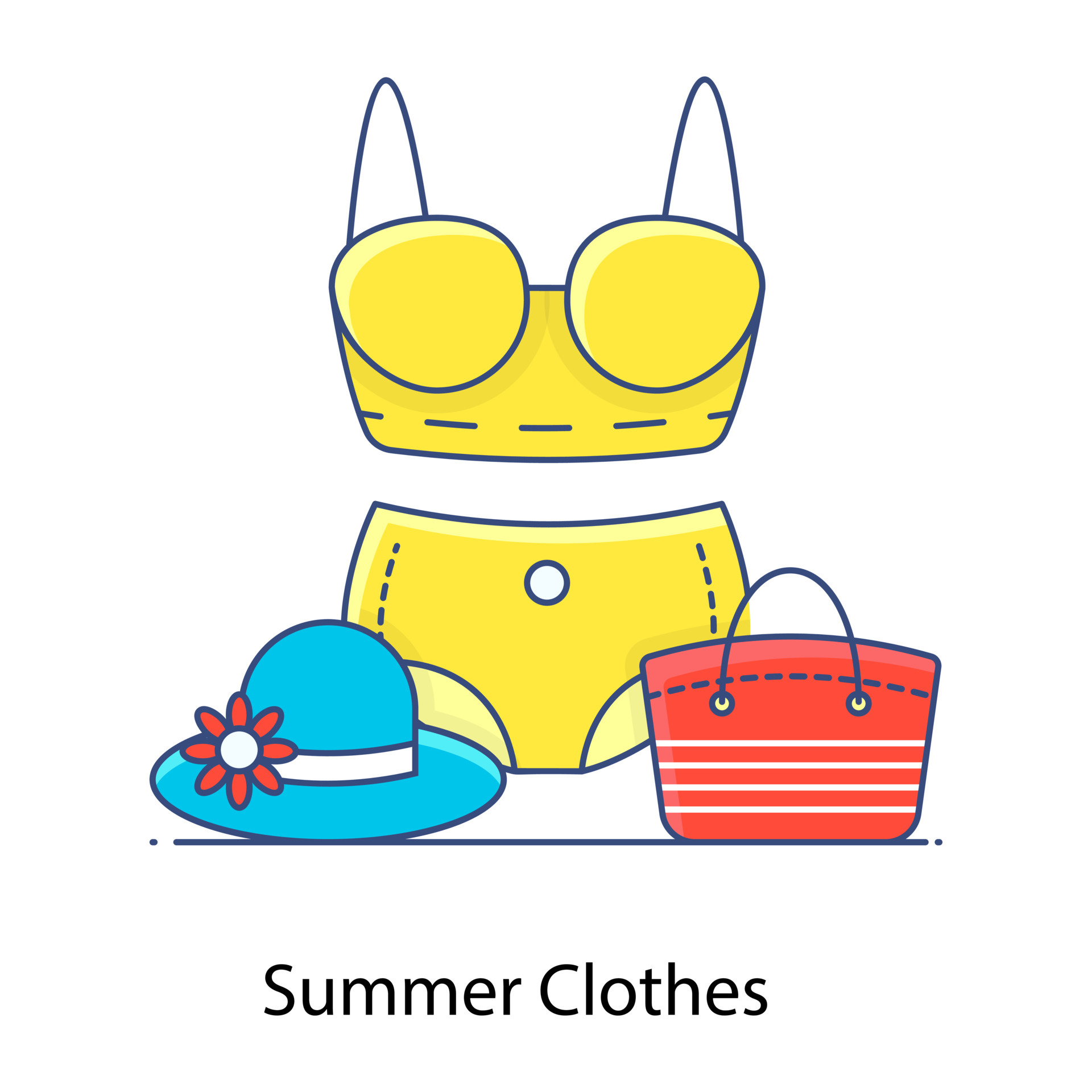 Summer clothes icon in flat outline style, lingerie with purse and hat ...