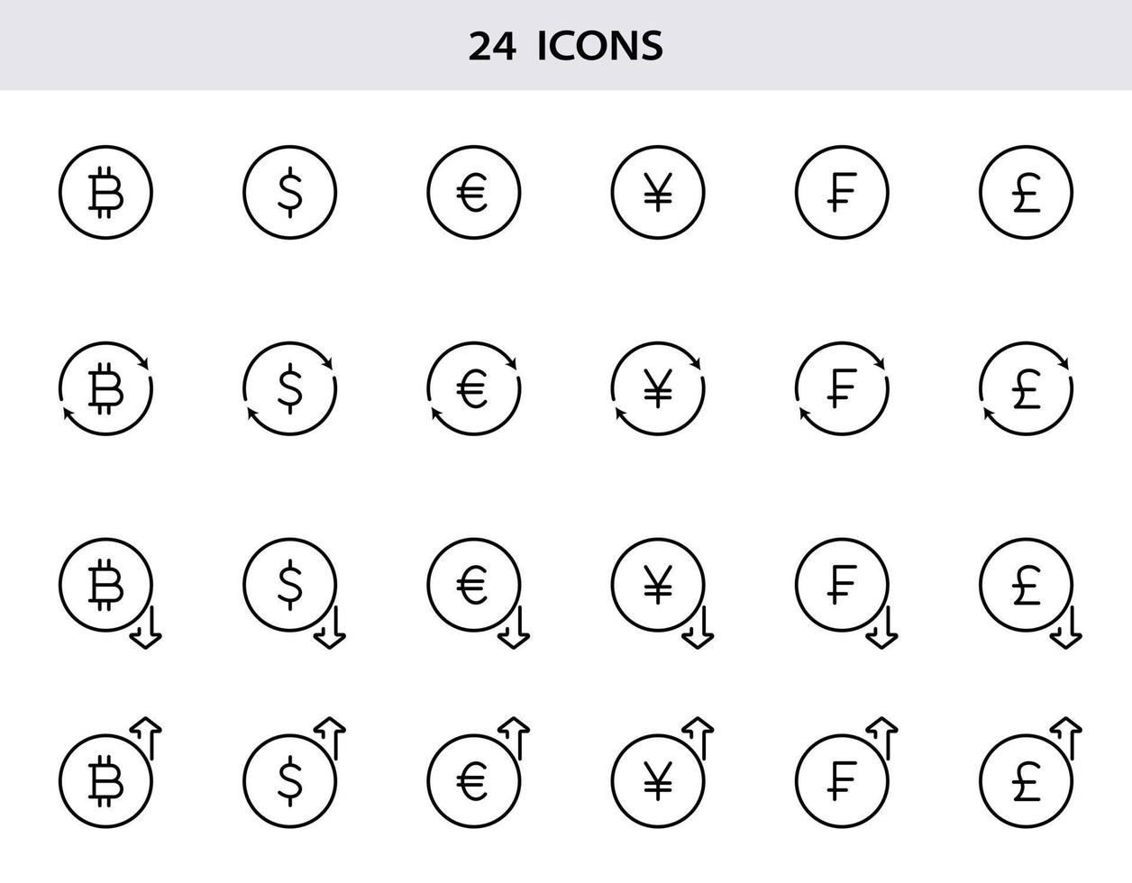 Dollar, euro, bitcoin, pound, franc, yen line icons. Set of currency exchange line icons. Growth and fall of foreign currency. Outline money signs for finance. Vector illustration