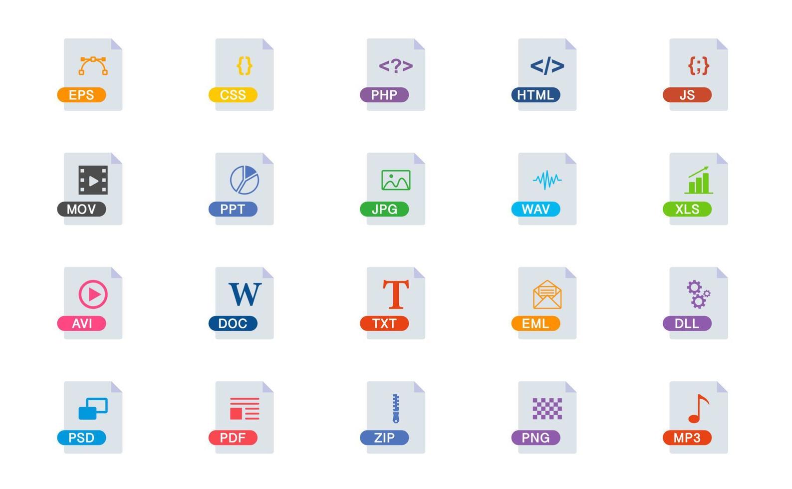 File Type Icons Set. Format and Extension of Documents. Set of eps, css, php, html, js, mov, ppt, jpg, wav, xls, avi, doc, txt, eml, dll, psd, pdf, zip, png. File Format Icon. Vector illustration.