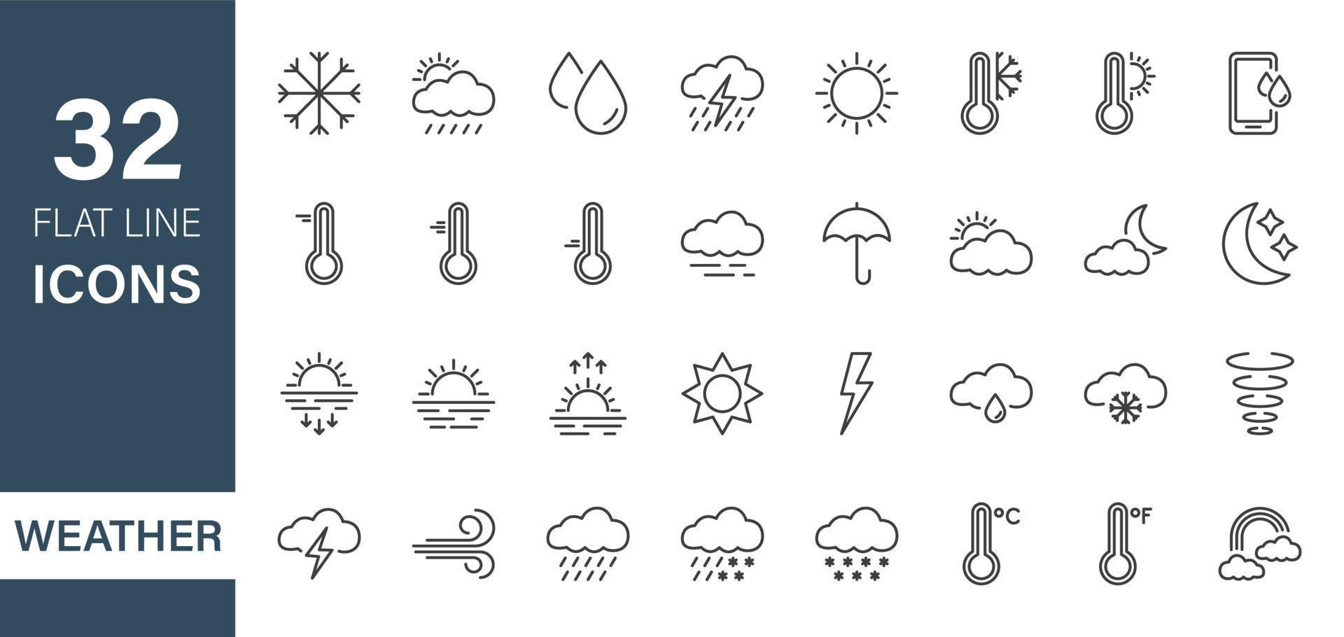 Set of Weather Line Icons. Weather Forecast graphic elements. Meteorology. Temperature, Sun, Cloud, Rain. Vector illustration.