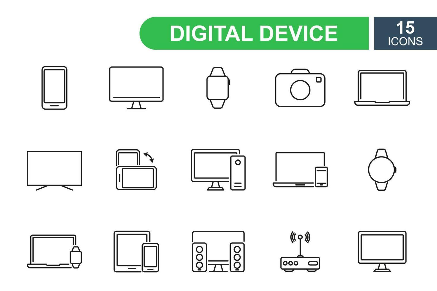 Smart devices and gadget line icons. Devices and electronics line pictograms. Mobile phone, smart watch, computer, laptop, wi-fi router, pc, tablet, camera icons. Vector illustration.