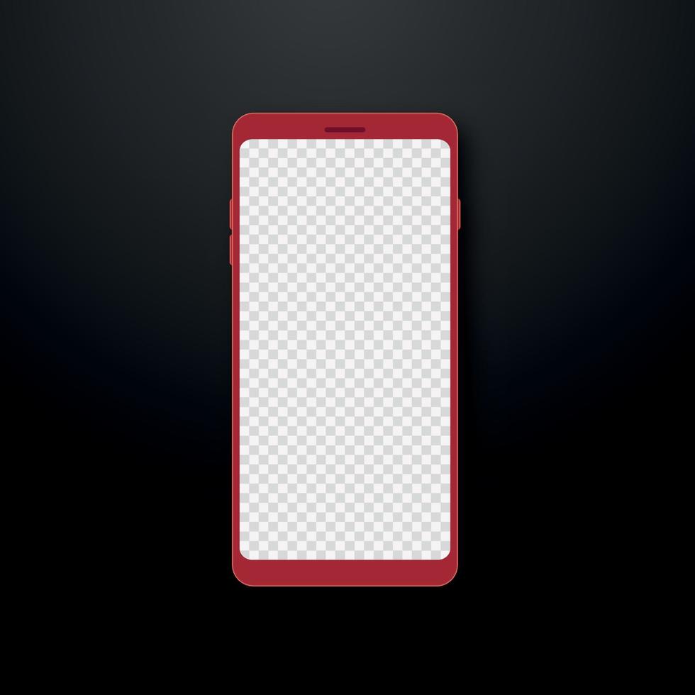Realistic red smartphone on black background. 3D mobile phone mockup with transparent screen. Vector