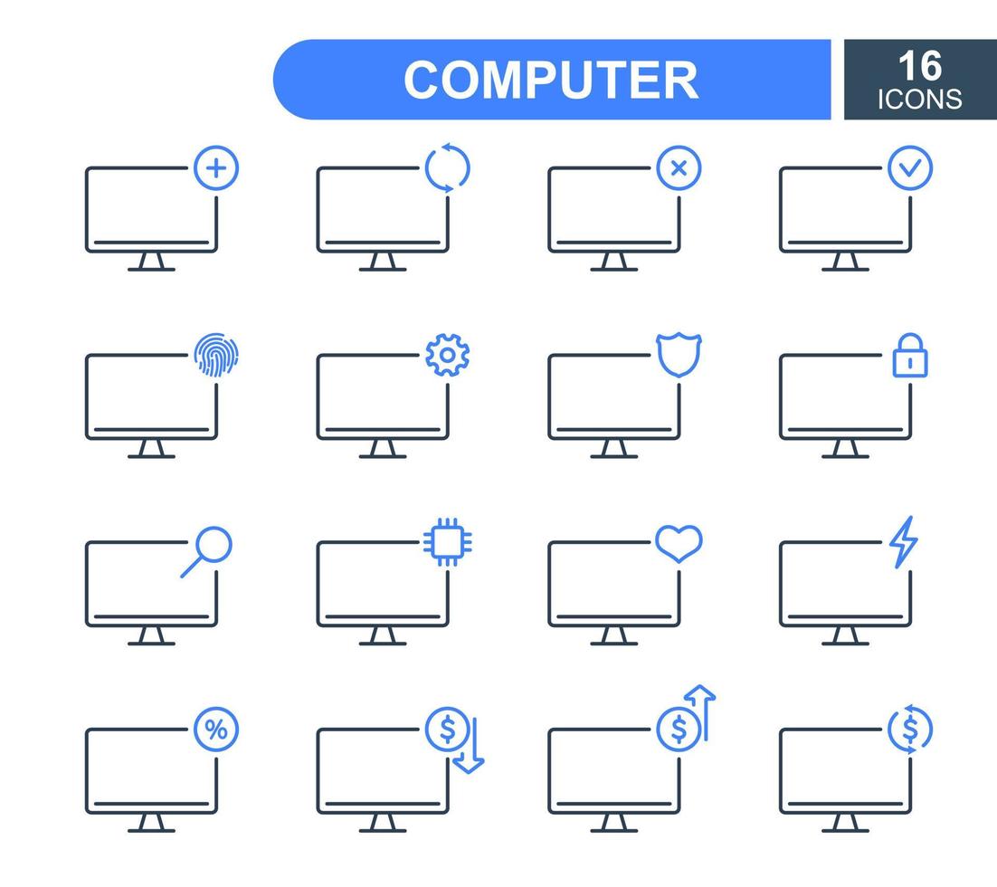 Set of Simple Computer line icons. Computer Repair Service, Sale, Loan, Renovation and Update System line icons. PC linear icons. Vector illustration.