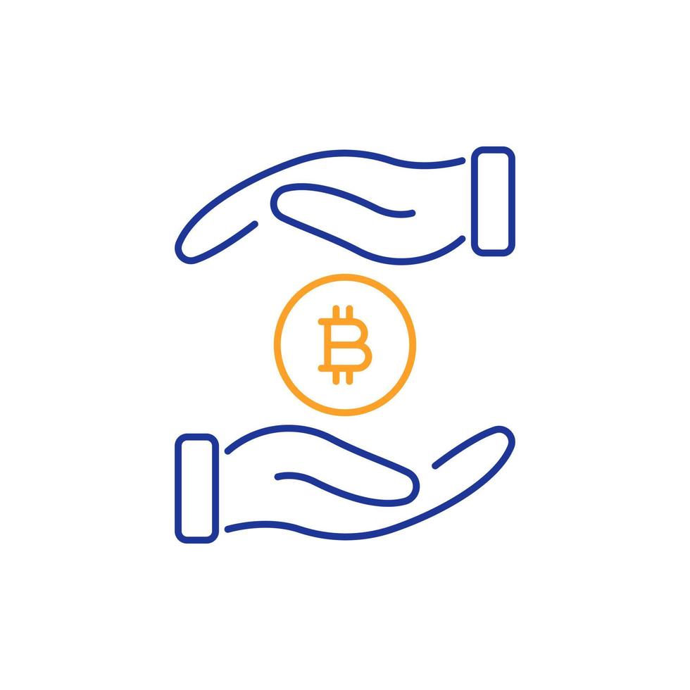 Two Hand holding Bitcoin coin icon. Save Money line icon. Global Cryptocurrency coin. Gold Bitcoin icon. Payment, safety money, protection of currency. Vector illustration