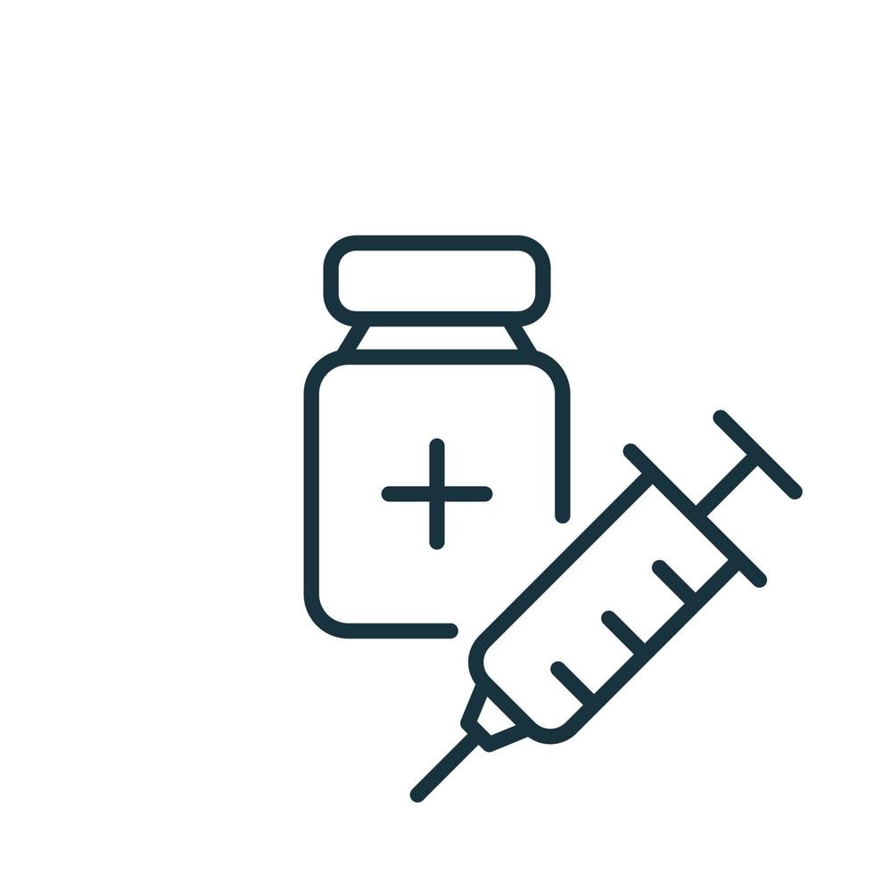 Coronavirus Vaccine line icon. Syringe with Bottle. Vaccine Against Covid. Syringe and Vaccine Vial flat line icon. Treatment for Coronavirus Covid-19. Vector illustration.