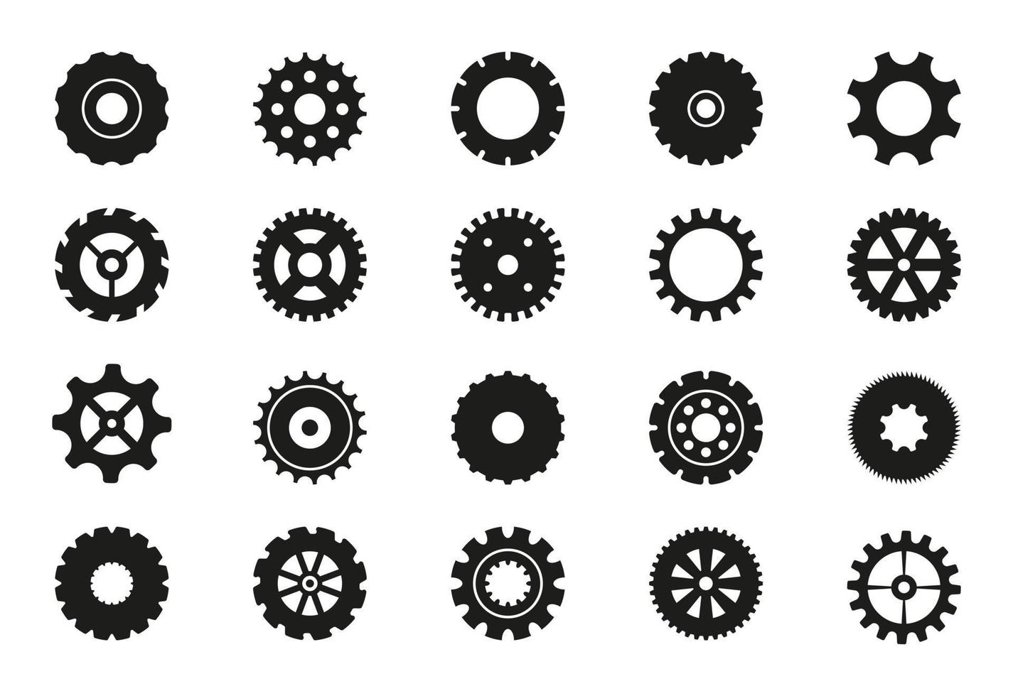 Black machine gears set. Transmission cog wheels and gear icons isolated on white background. Cogwheels and cogs collection. Various design elements of gears. Vector illustration