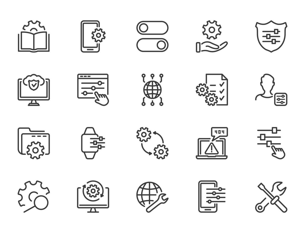 Simple Set of Setup, Repair and Settings. Gear, Screwdriver and Wrench line icons. Tech Support, Settings and Options related Vector line icons set. Vector illustration