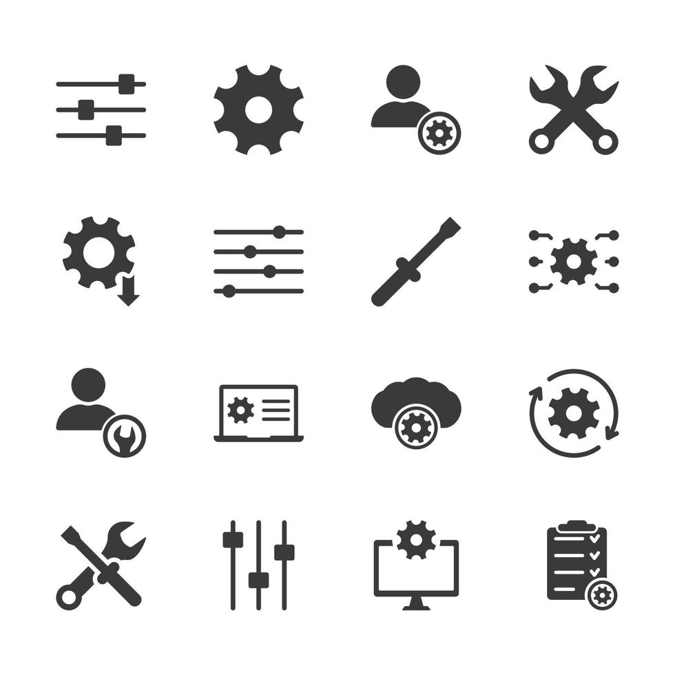 Simple Set of Setup, Repair and Settings. Gear, Screwdriver and Wrench icons. Technical Support, Settings and Options icons set. Control Panel, Tool and Interface icon. Vector illustration