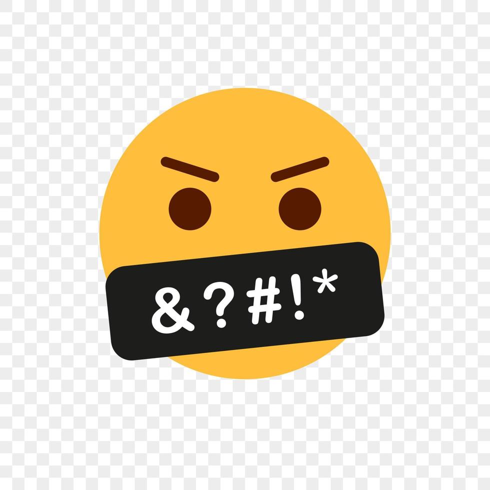 emoji de cara enojada amarilla. lenguaje obsceno. juramento o palabra vulgar en la barra negra. malas palabras y comportamiento. icono de emoticono jurando. icono emoji con barra negra censurada. ilustración vectorial vector