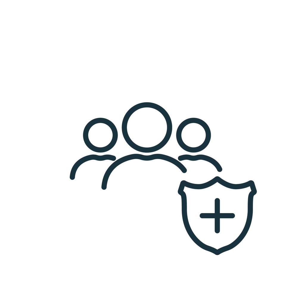 People Crowd with Medical Shield line icon. Immune System of Person. Medical Prevention for People. Shield line Icon with People inside isolated. Vector illustration.