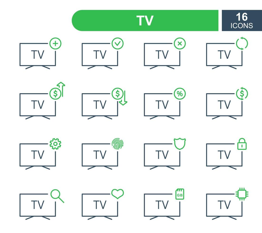 conjunto de iconos de línea de televisión simples. servicio de reparación de televisión, venta, préstamo, renovación y actualización de los iconos de la línea del sistema. iconos lineales de televisión. ilustración vectorial vector