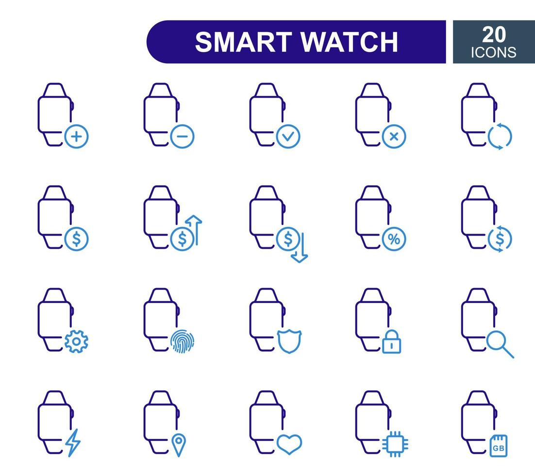 conjunto de iconos de línea de reloj inteligente. servicio de reparación de relojes inteligentes, venta, préstamo, renovación y actualización de los iconos de la línea del sistema. ilustración vectorial vector