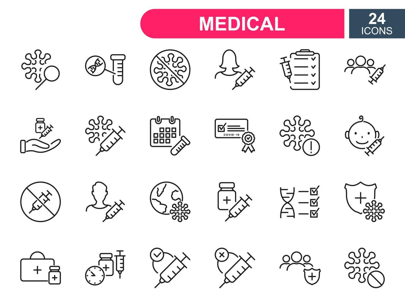 Set of vaccine line icons. Injection, prevention and treatment of covid. Medical syringe and ampoules, certificate for Vaccine. Linear icons for medical vaccine. Vector illustration.