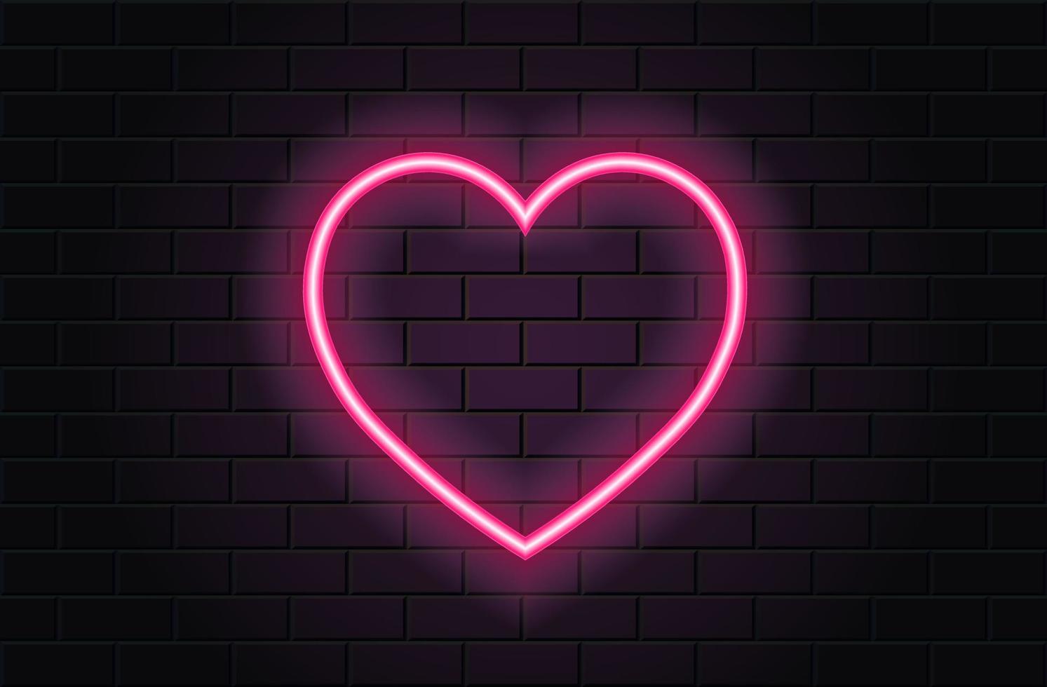 Pink neon heart for valentines day on black brickwall background vector