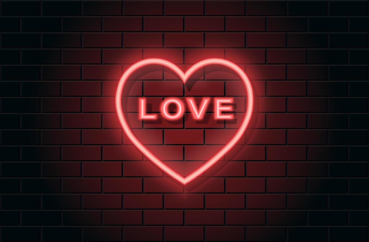 Red neon heart for valentines day on black brickwall background vector