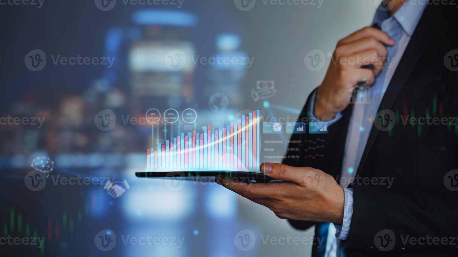 Businessman work with ai for economy analysis financial result by digital augmented reality graph. Concept for entrepreneur leader of invest in business and digital marketing technology of the future photo