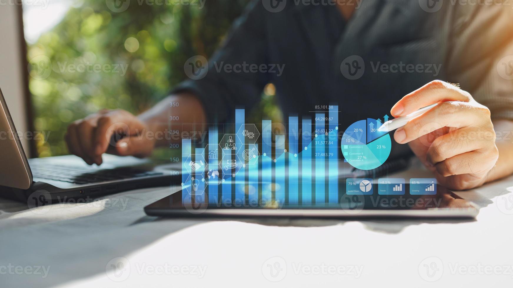 Businessman work with ai for economy analysis financial result by digital augmented reality graph. Concept for entrepreneur leader of invest in business and digital marketing technology of the future photo