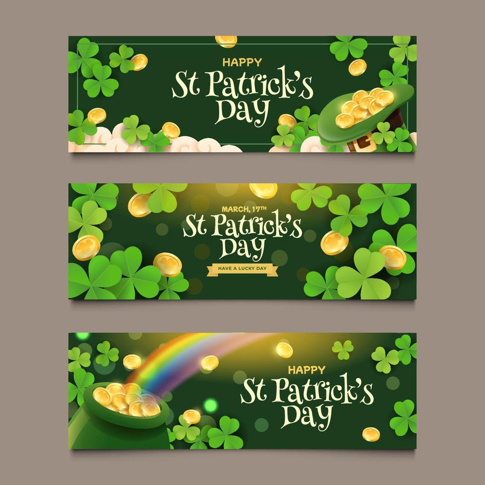 Set of St Patricks Day Banner with Gold and Clover vector