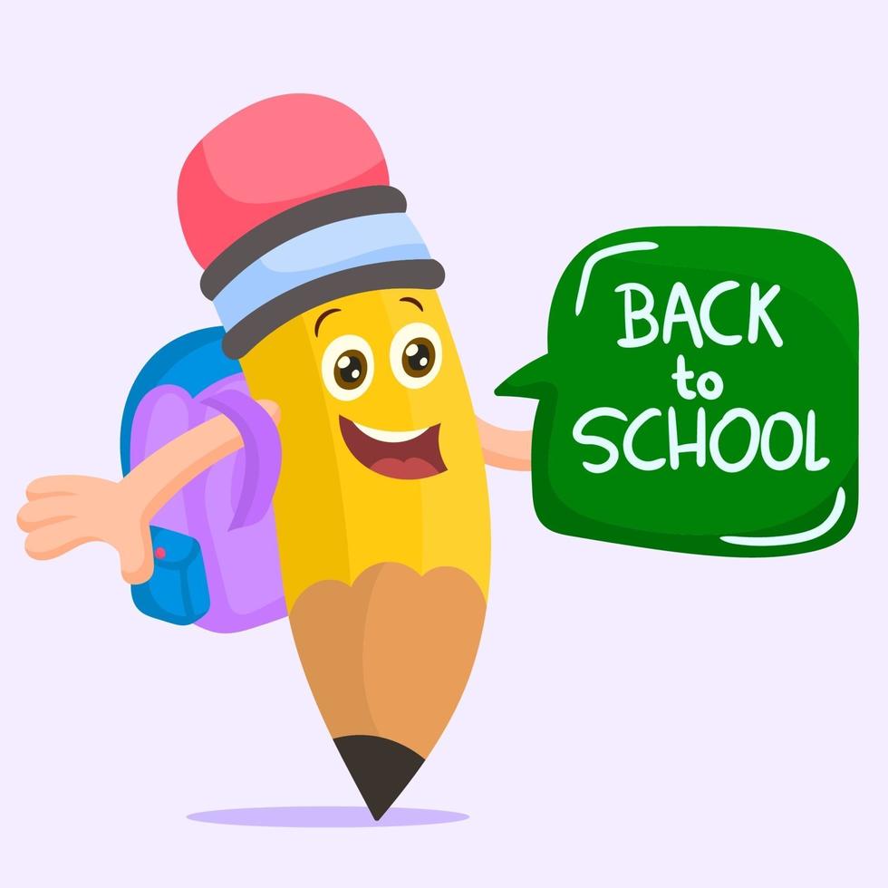 Cute pencil cartoon with school bag on its back, back to school invitation vector