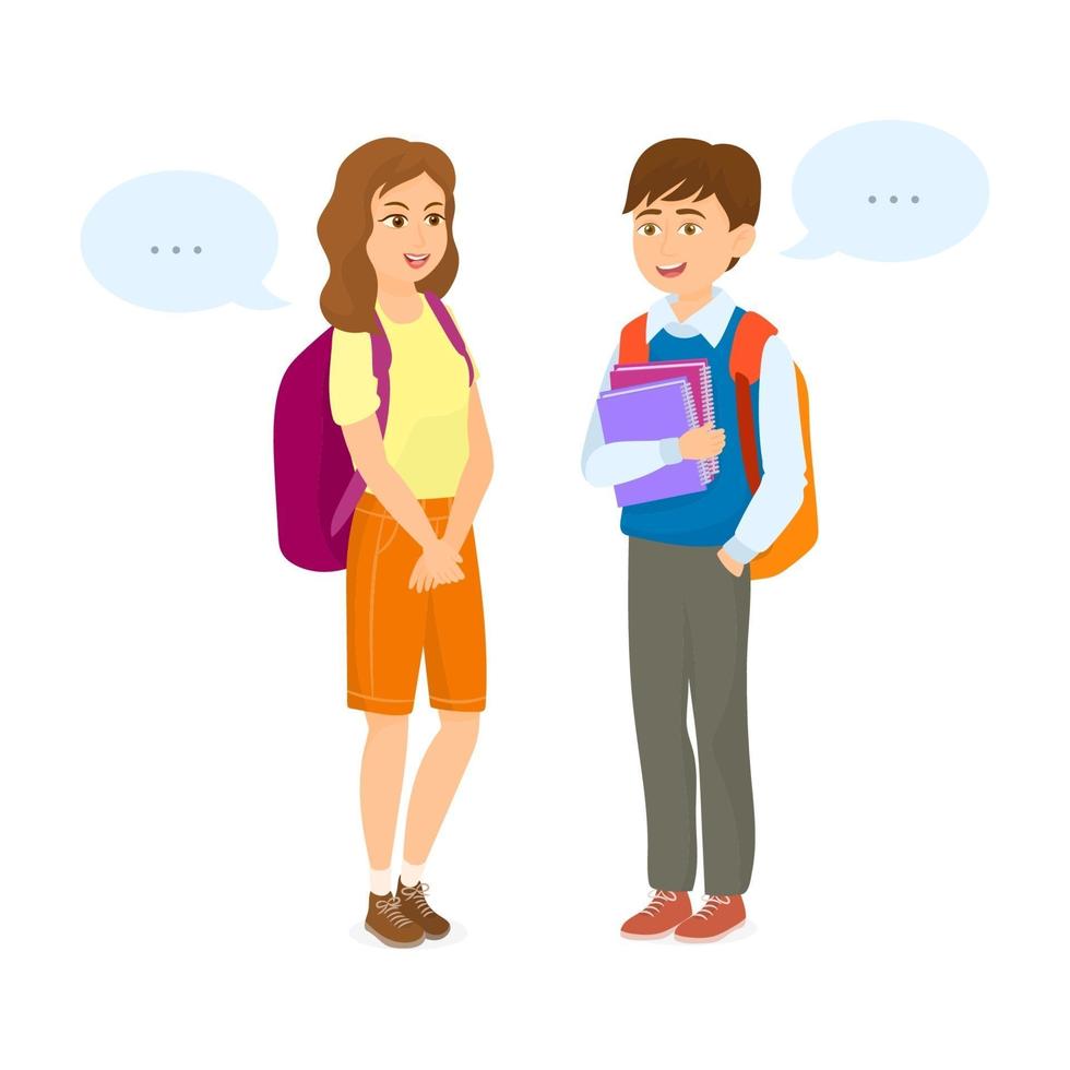 Couple students talking with dialog boxes, back to school vector