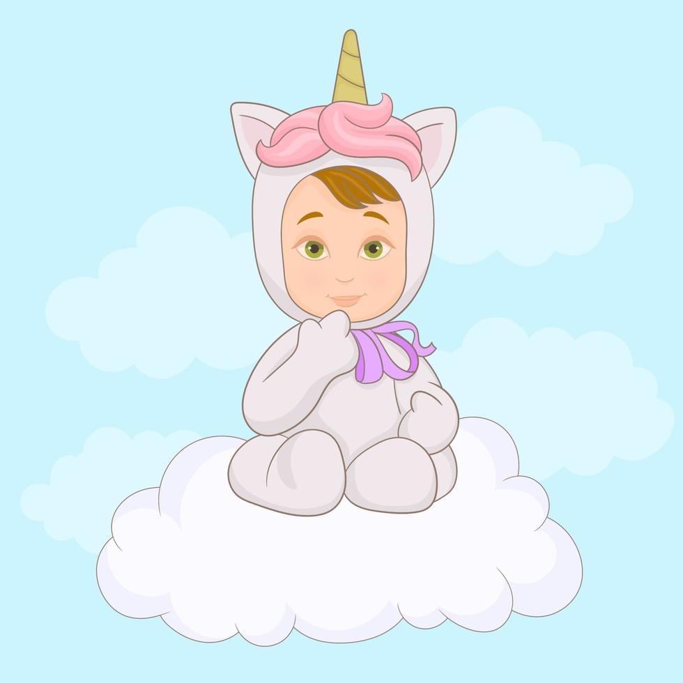 lindo bebé en pijama de unicornio en una nube vector