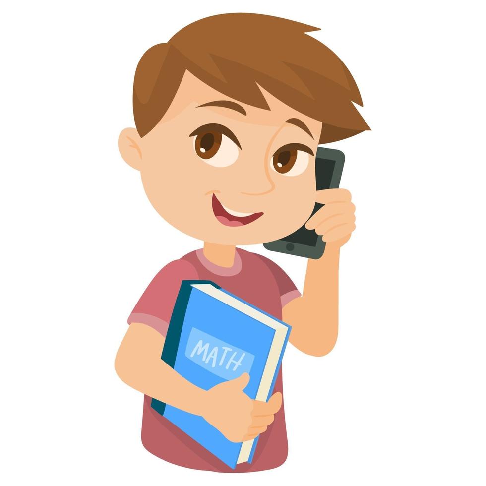 Student talking on smartphone with smile while holding exercise book vector