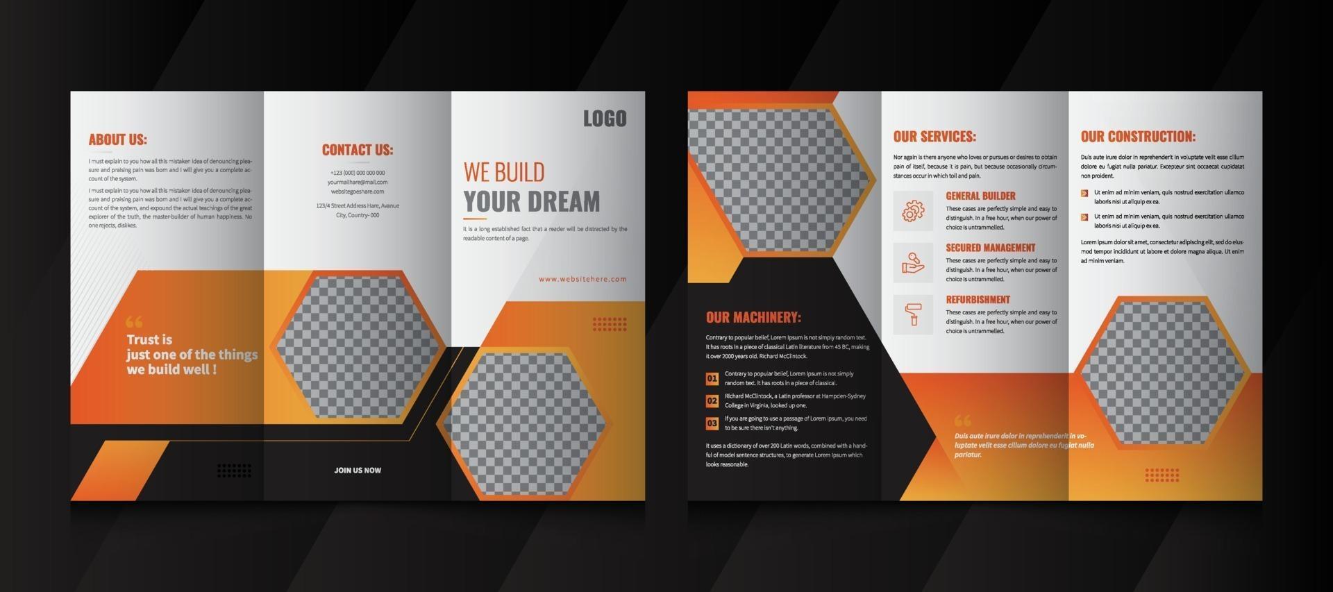 Creative Construction Business Tri Fold brochure design. Construction, Real Estate, Builders Company Tri Fold Brochure, Leaflet, Poster. vector